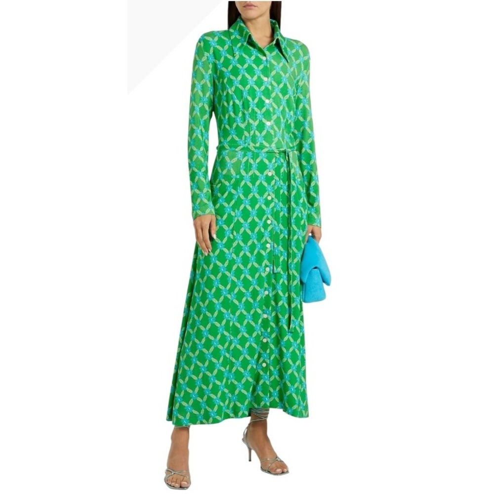 HVN Dress Women 18 Green Ava‎ Floral Print Jersey Knit Maxi Shirt Dress Boho
